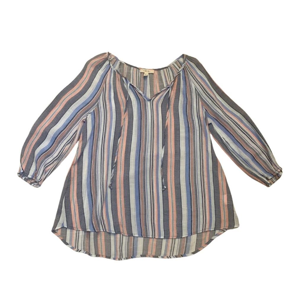 2/$30 Boho Peasant Top Stripes Blouse Blue Peach White Coastal Cottagecore Beach